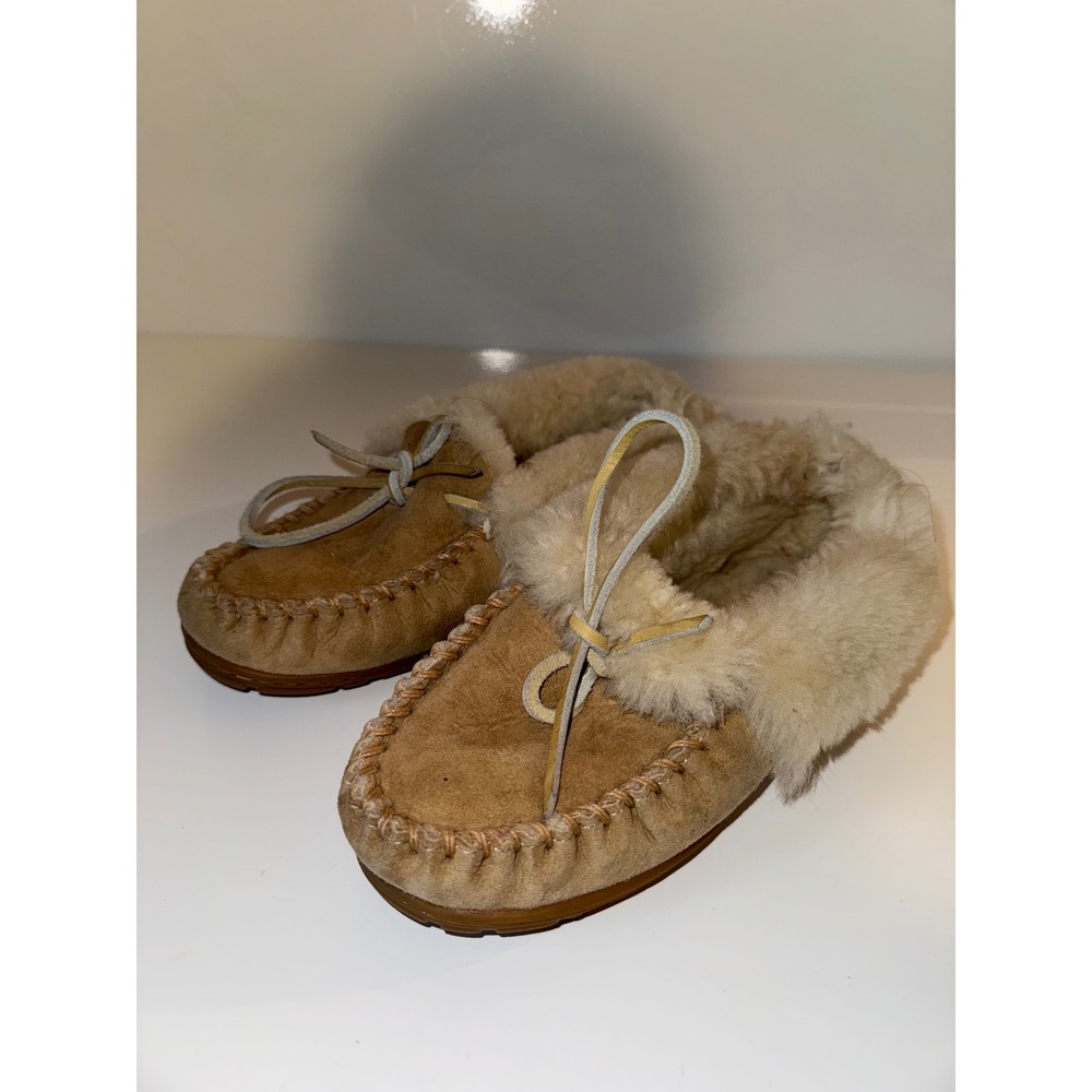 LL Bean Wicked Good Moccasin Slippers Tan Suede Shearling Fur Lined Womens 7.5